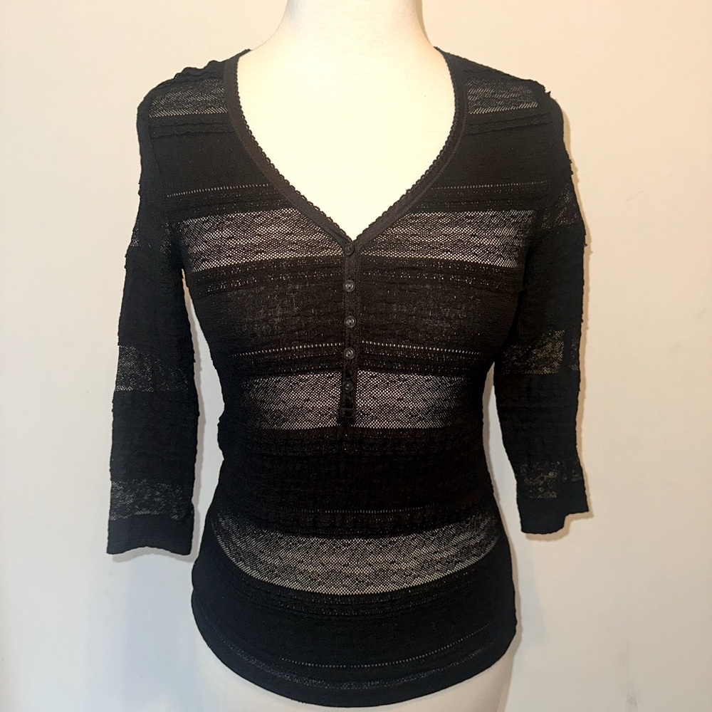 Denim & Supply Black Semi Sheer Knit Top with Button Detail